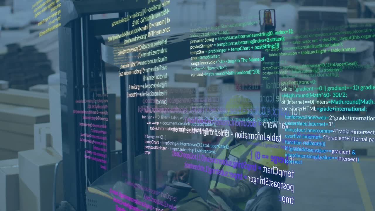 Warehouse forklift operator maneuvering pallets in logistics hub, overlaying floating code graphics