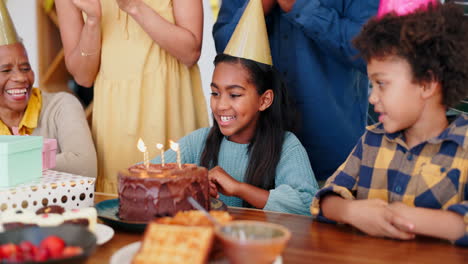 Birthday-cake,-family-and-child-blow-candles