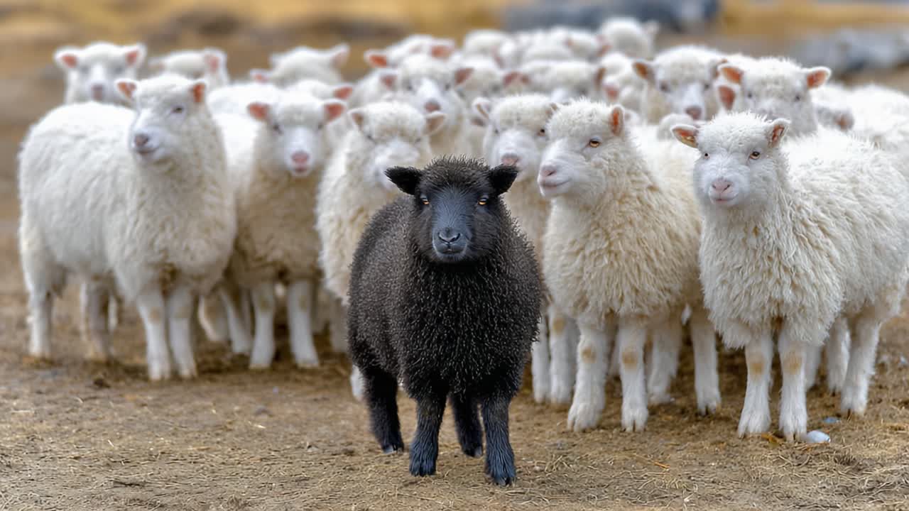 In a striking contrast against a backdrop of white sheep, a unique black sheep stands out prominently, showcasing individualism within a herd environment