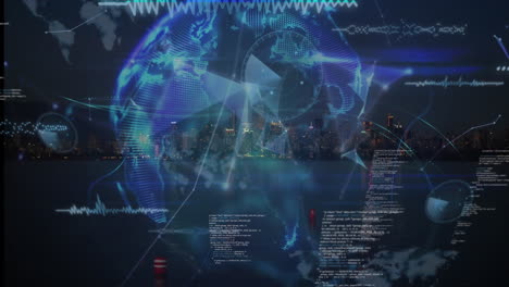animation of globe of plexus networks and data processing against aerial view of cityscape at night