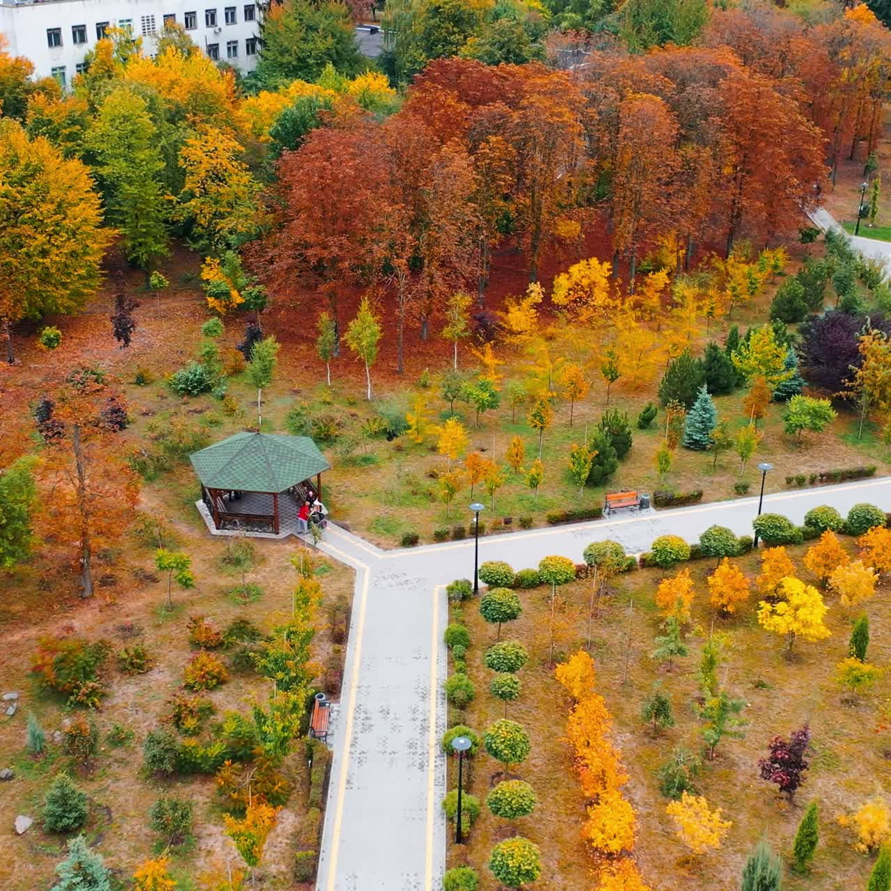 Lovely park with paved paths and pavilion among the bright trees. Drone footage over the peaceful beautiful area in the city