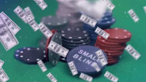 Animation-Von-US-Dollar-Scheinen,-Die-über-Casino-Chips-Fallen