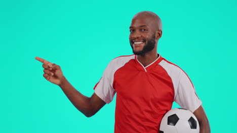 black man, soccer and pointing on mockup