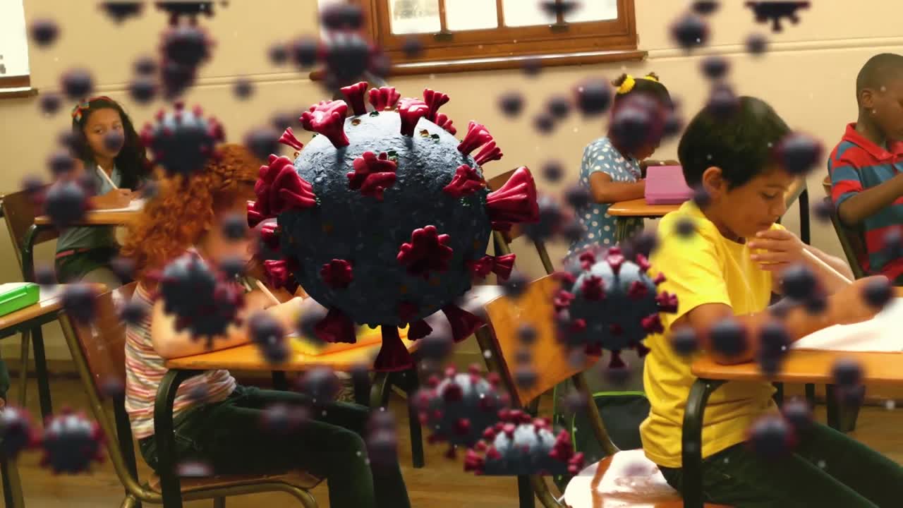 교실에서 학교 학생들을 대상으로 매크로 코로나 19 세포의 애니메이션