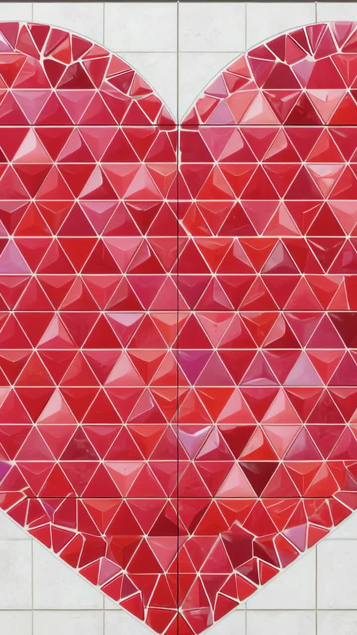 Vertical video: Moving camera across red heart mosaic on tiled wall, revealing shifting highlights