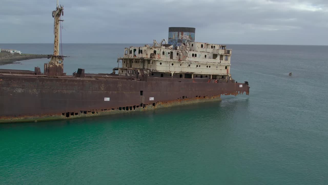 Aerial drone view of mountain sea and volcanoes in Lanzarote, Canary Islands, Spain