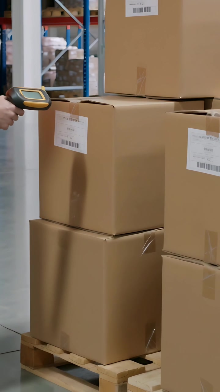 Vertical video: Man in hivis vest using scanner on warehouse pallets postload for stock, copy space