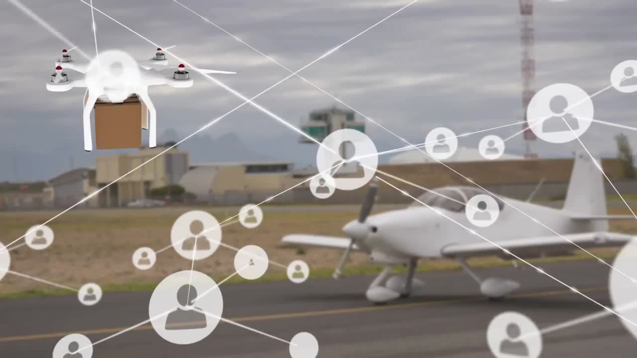 드론이 배달 상자를 운반하는 프로필 아이콘의 네트워크가 비행기에 대항하고 있습니다.