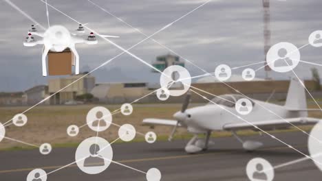 Network-of-profile-icons-over-drone-carrying-a-delivery-box-against-airplane-at-runaway