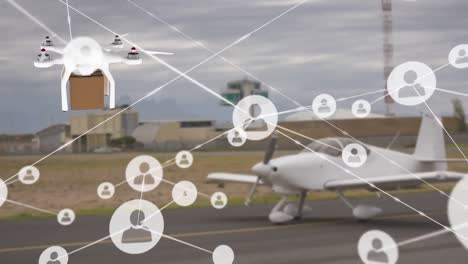 red de iconos de perfil sobre un avión no tripulado que lleva una caja de entrega contra un avión en fuga