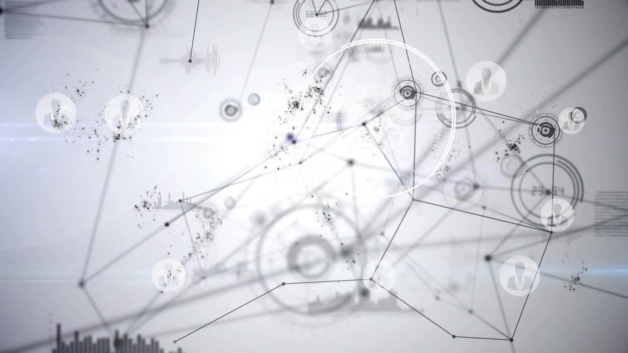 Fading web of grey lines and nodes forming network and pulsing rings and charts visualizing data