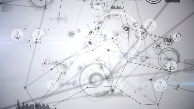 Fading web of grey lines and nodes forming network and pulsing rings and charts visualizing data