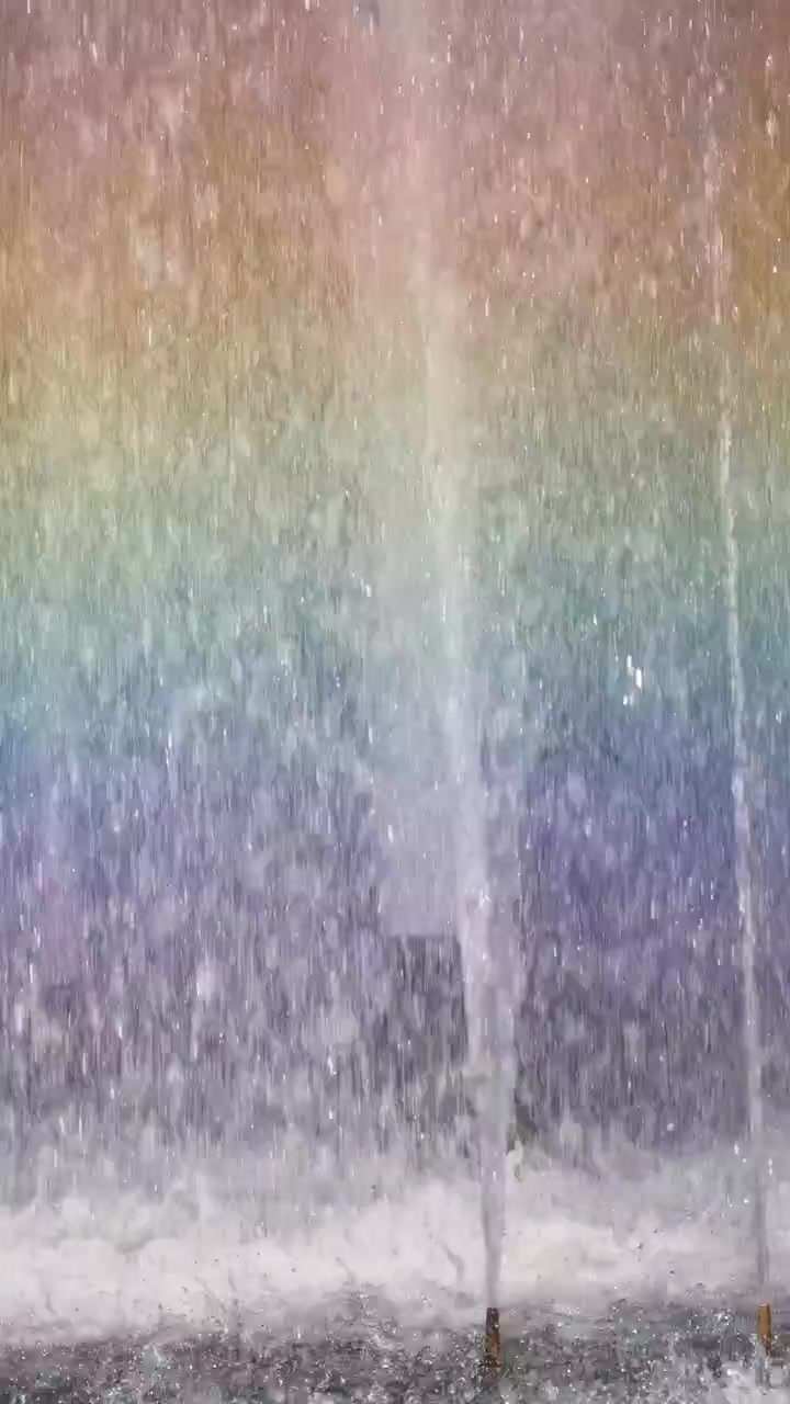噴水のしぶきに鮮やかな虹がかかる