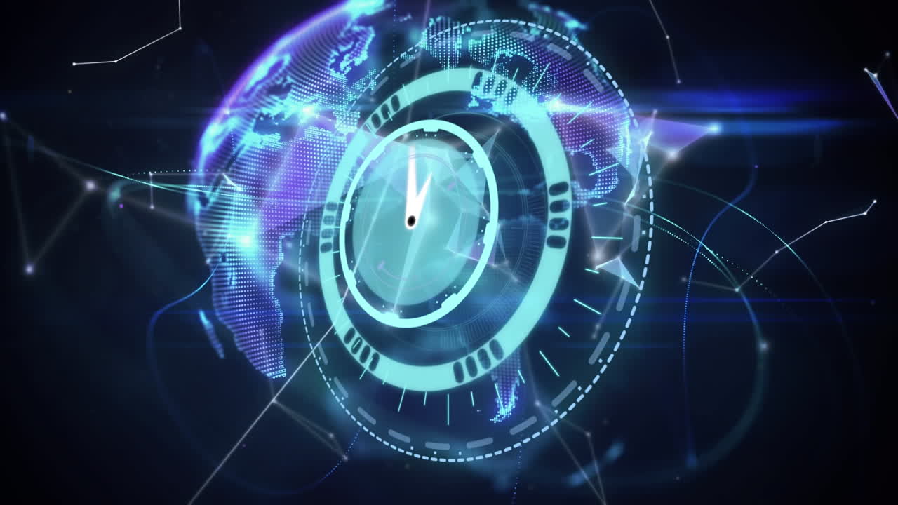 Digitale Animation einer tickenden Neon-Uhr vor einem rotierenden Globus und einem Verbindungsnetzwerk