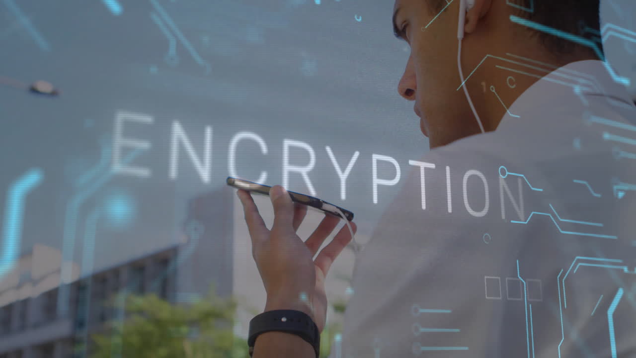 Using smartphone with encryption text overlaying urban background, man in animation
