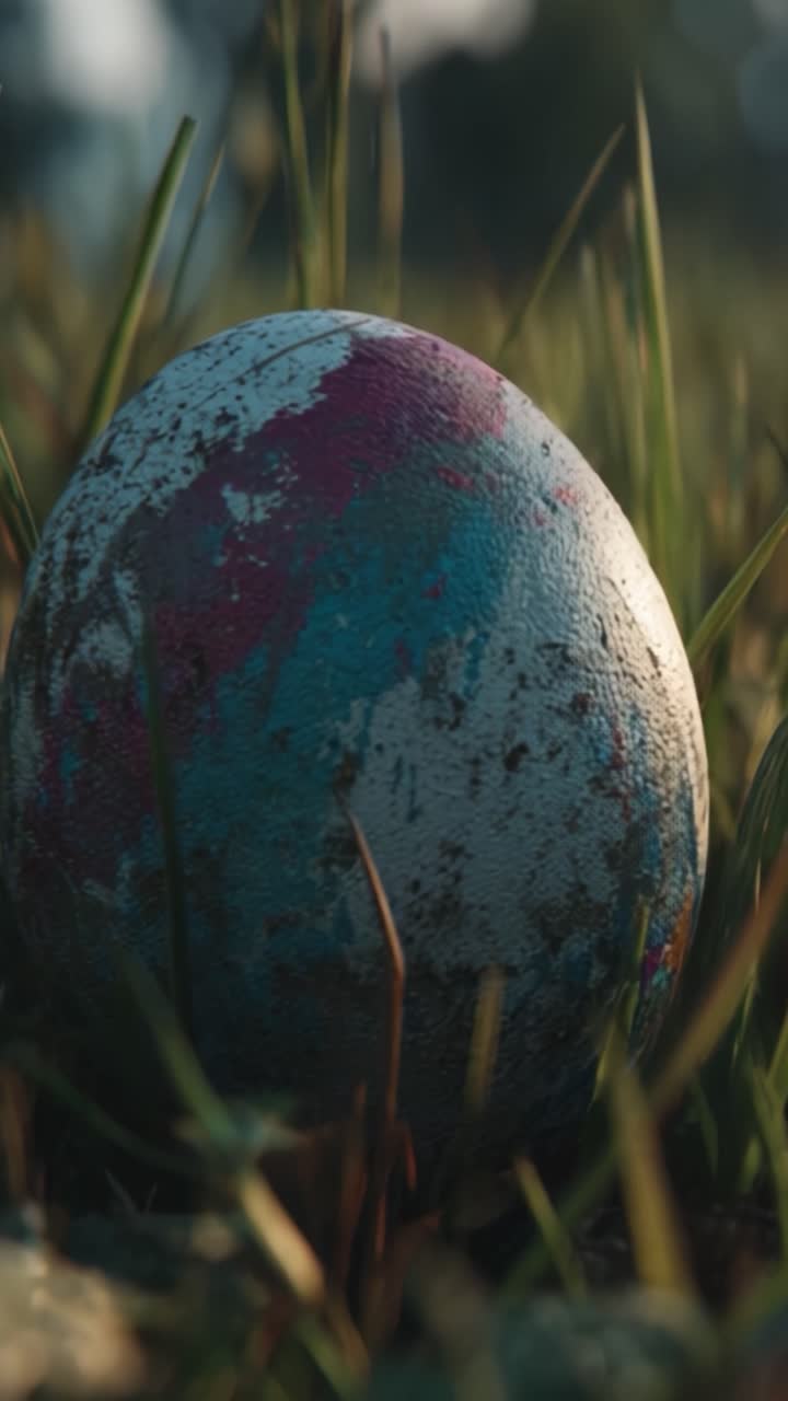 A Mysterious Egg Hidden Amidst Lush Green Grasses, Exhibiting Unique Colors and Textures, Captured in Two Stages of an Enigmatic Natural Setting