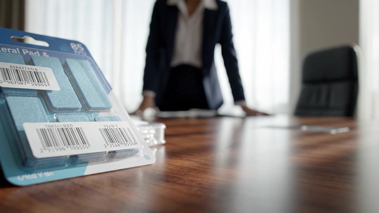 Business Meeting Focus on Product Package with a Professional in the Background, Highlighting Team Collaboration and Strategic Decisions in Corporate Environment