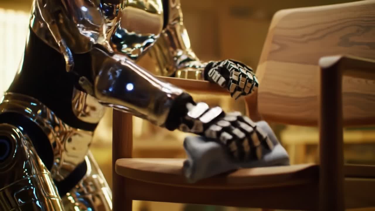 A Highly Advanced Robotic Arm Demonstrates Its Cleaning Skills by Wiping a Chair with Precision, Showcasing the Future of Automation in Everyday Tasks
