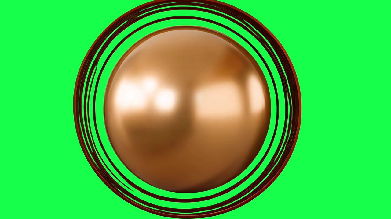 Esfera 3D de bronce metálico con anillos concéntricos en expansión sobre pantalla verde