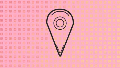 animation of location pin icon against abstract shapes in seamless pattern against pink background