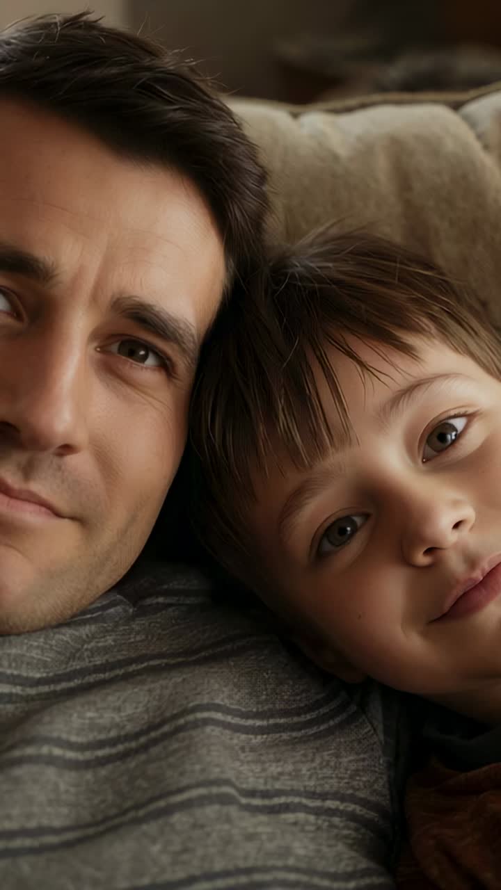 Video verticale: primo piano di padre e figlio che si guardano mentre la fotocamera registra dal divano, con strisce grigie