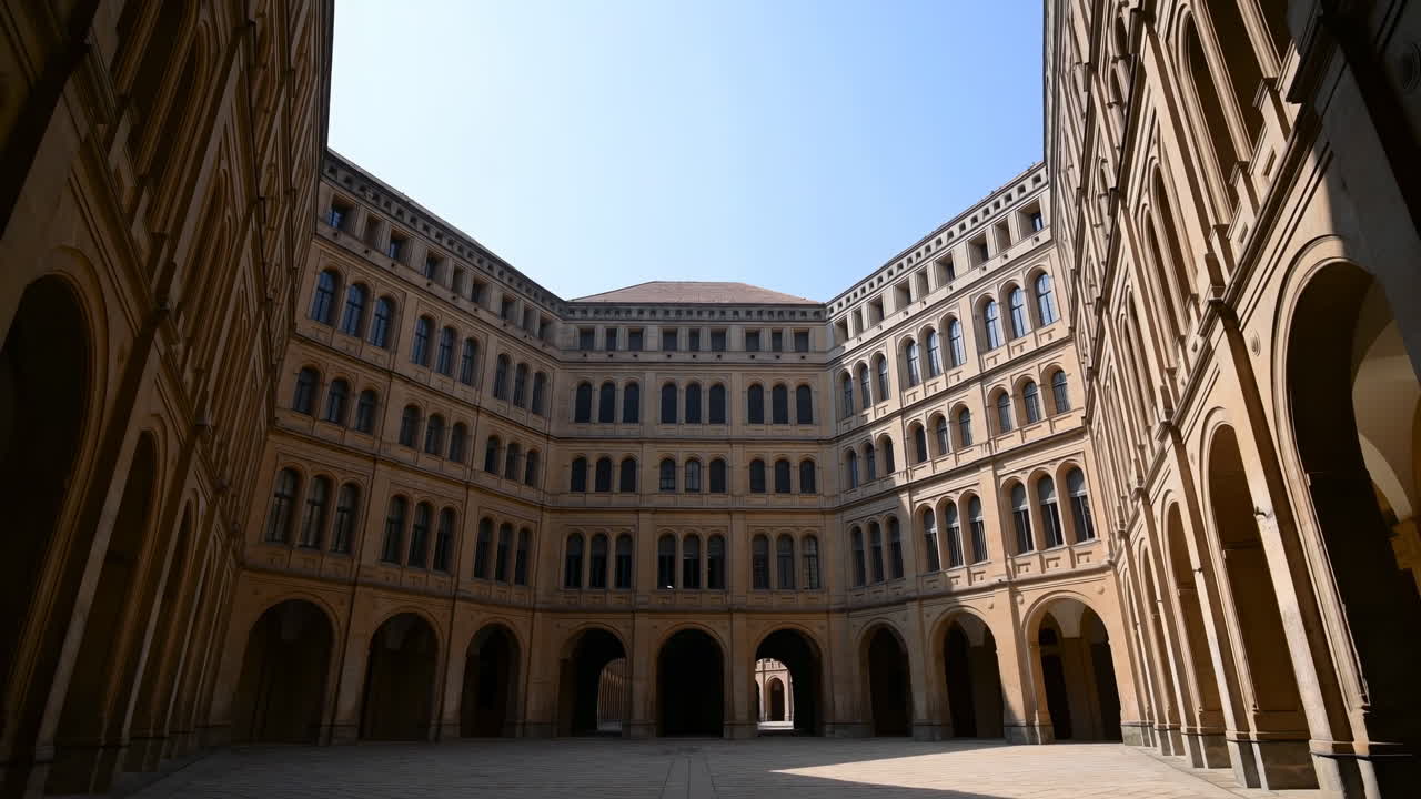 Ripresa panoramica verso l'alto di un cortile di edificio storico con archi