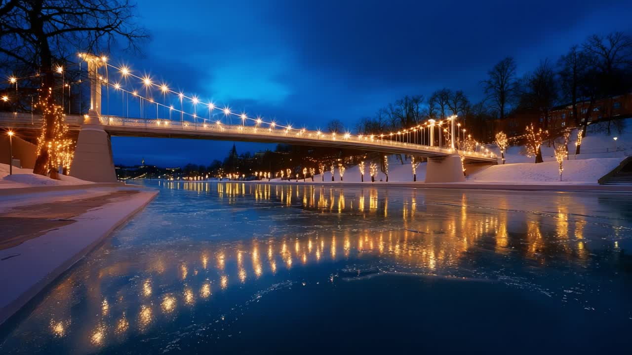 A Serene Winter Evening: A Beautifully Illuminated Bridge Reflecting on a Quiet Frozen River at Dusk, Surrounded by Trees with Sparkling Lights, Creating a Magical Atmosphere for Passersby