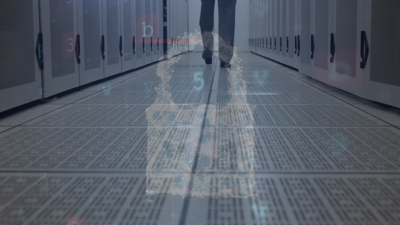 サーバールームを背景にしたDNA鎖とテキストのアニメーション