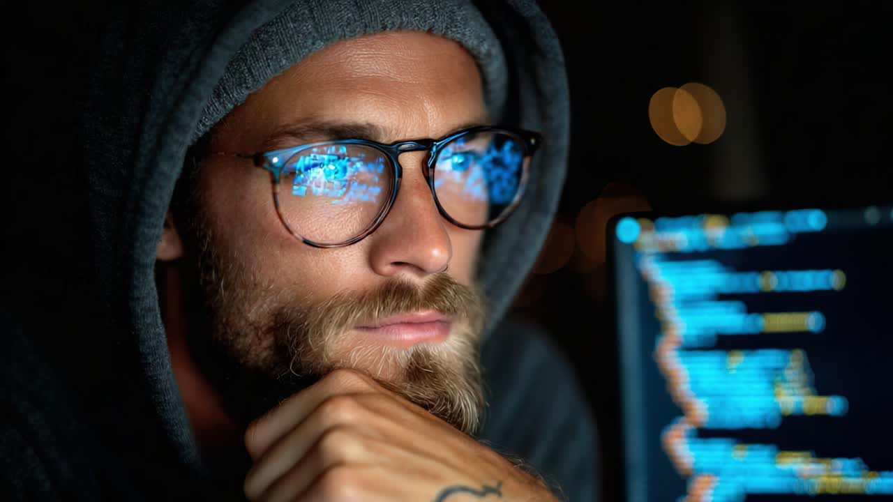 Dyp konsentrasjon om programmering: En ettertenksom koder analyserer kompleks kode i et svakt opplyst rom