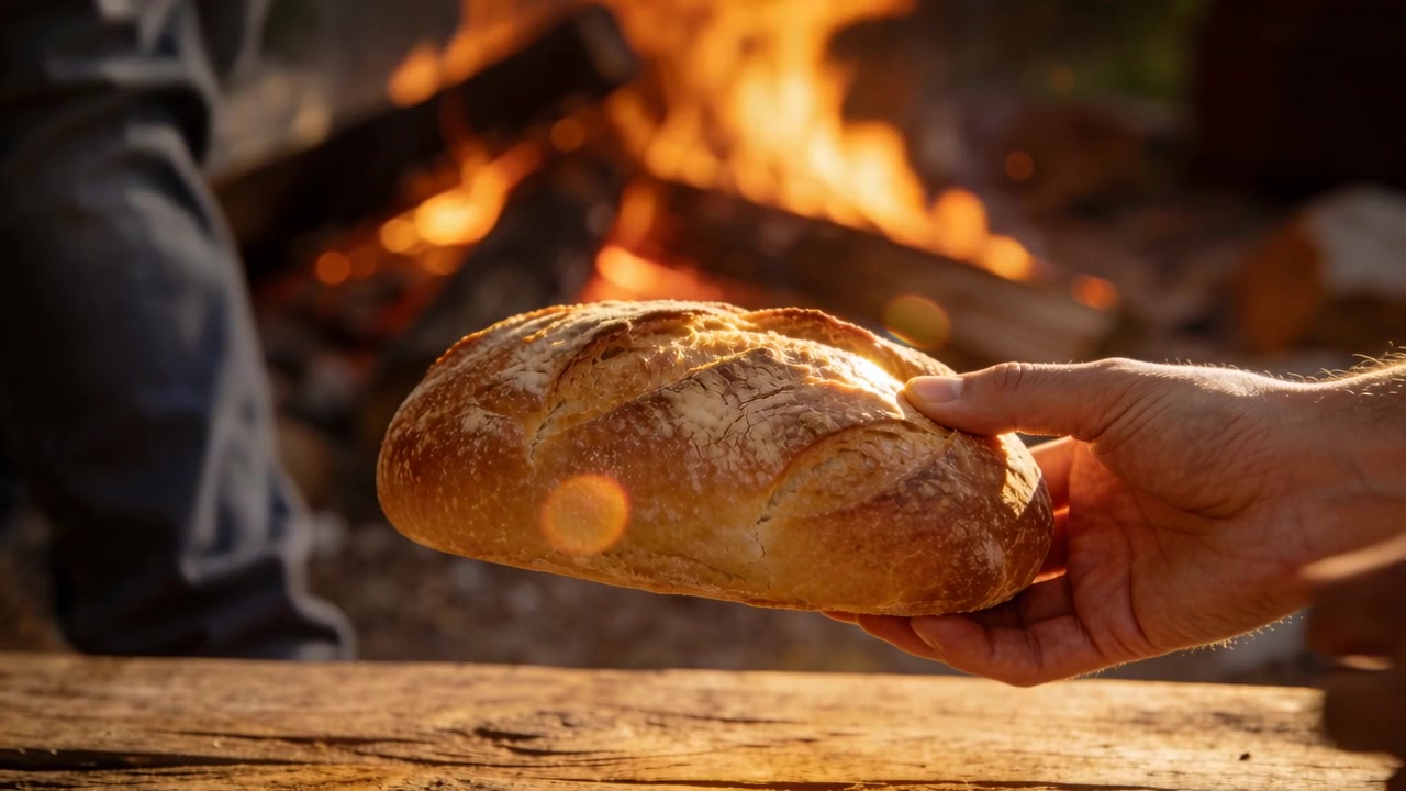 Drawing back, two adults starting loaf passing for sharing at wood table by bonfire, jeans visible