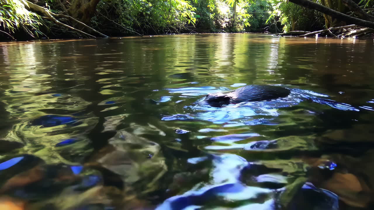 Otter Swimming in a Forest Stream