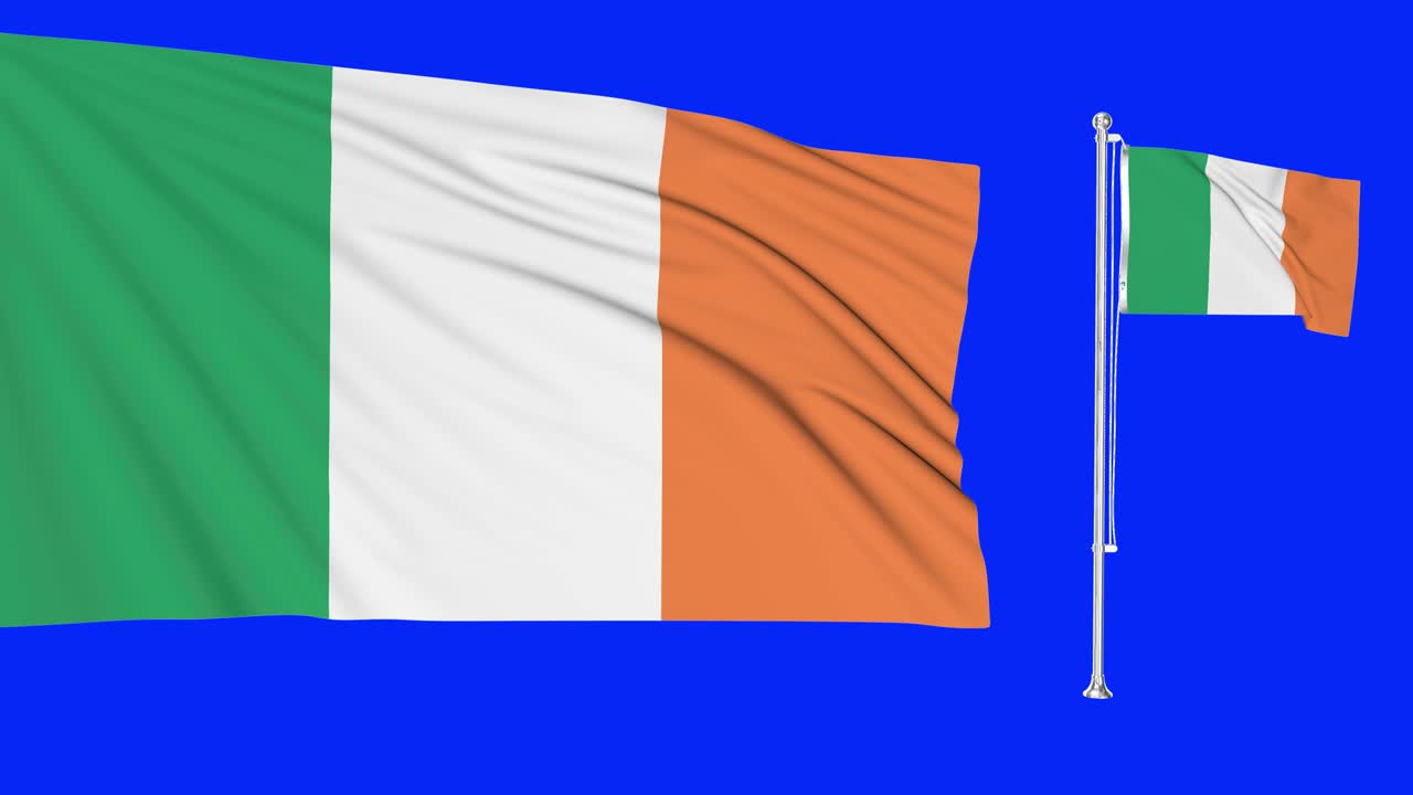 pantalla verde hiper realista bucle de irlanda dos banderas ondeando en el viento asta de la bandera irlandesa revoloteando con animación de textura de tela muy detallada 4k 3d clave de croma