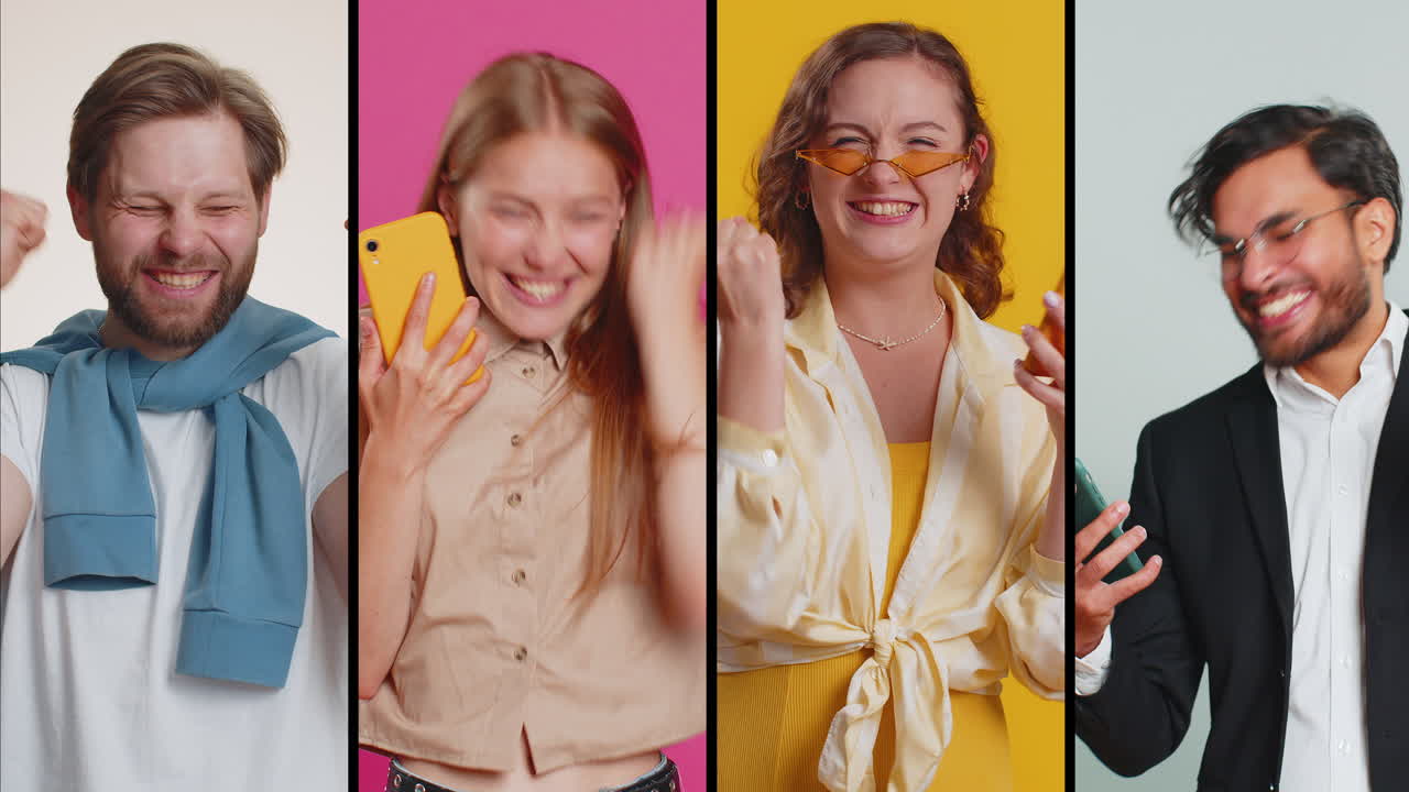 collage de personas sonrientes felices hombres mujeres usan teléfonos móviles celebrando ganar buenas noticias jugar un juego