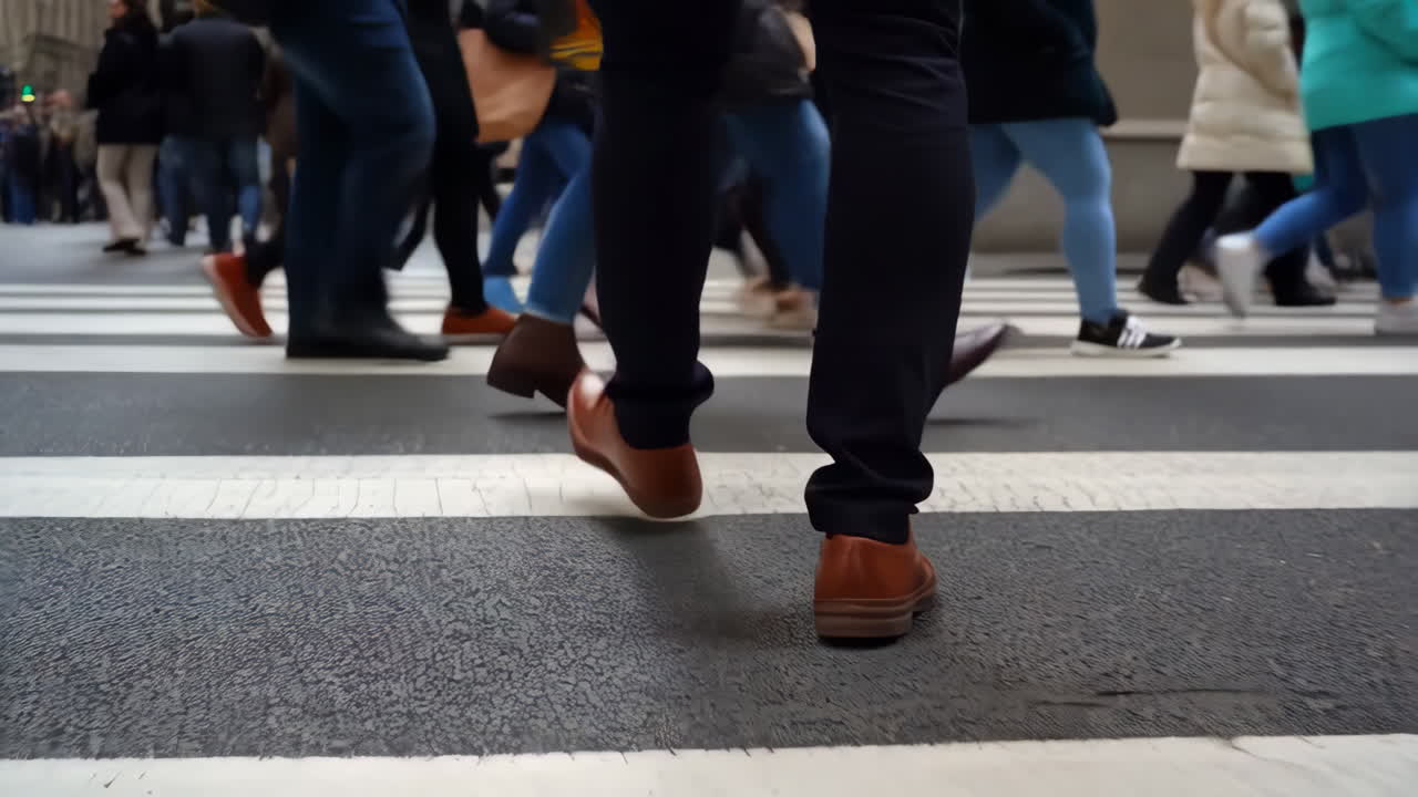 Pedestrians Walking Across a Busy Urban Crosswalk