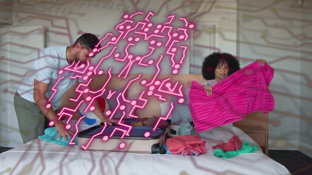 Man and woman opening suitcase, folding clothes for travel, pink circuit sweeping over couple