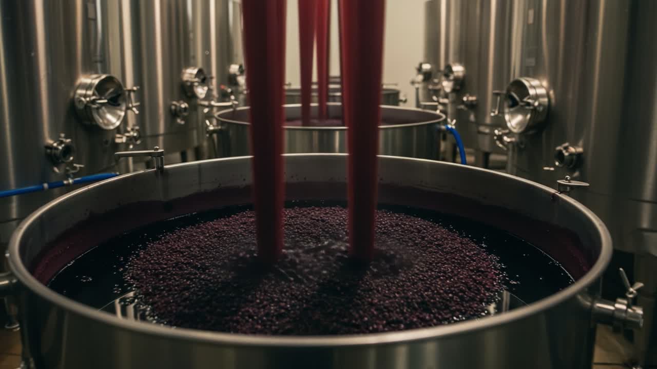 The Intricate Process of Wine Production: Observing the Fermentation Stage in a Modern Winery with Stainless Steel Tanks and Rich Red Grape Juice