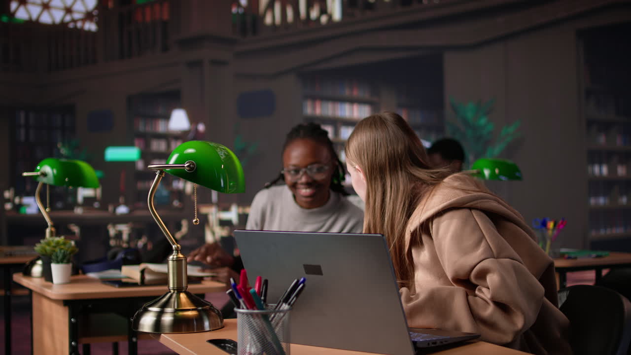 Vertical video young scholar focuses on exam preparations in the campus library with colleague