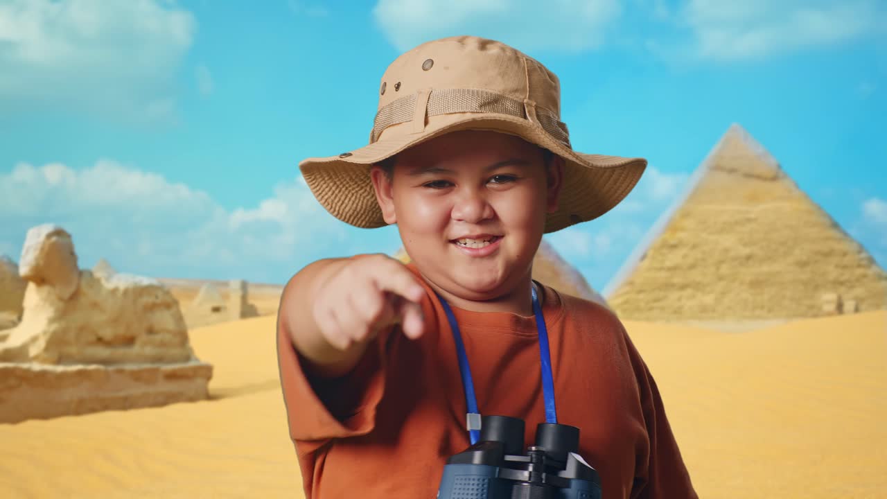 Asian Boy With Hat And Binoculars Holding Magnifying Glass, Touching His Chest Then Pointing At You While Traveling In Giza Pyramid. Boy Researcher Examines Something, Travel Tourism, Close Up