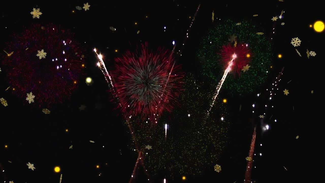 animación de copos de nieve de navidad de oro cayendo sobre fuegos artificiales de año nuevo en el cielo nocturno, con espacio de copia.