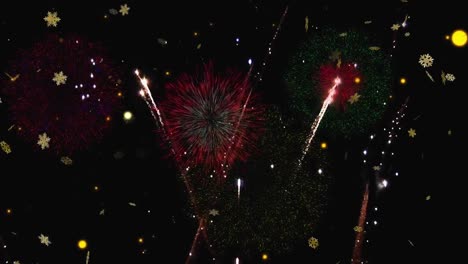 Animation-of-gold-christmas-snowflakes-falling-over-new-year-fireworks-in-night-sky,-with-copy-space