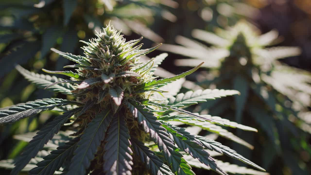 Närbildsvideo av cannabisplantor i naturligt ljus, som fångar detaljerade texturer och livfulla