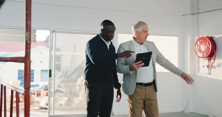 Two Businessmen Discussing Construction Plans on a Tablet in an Empty Warehouse