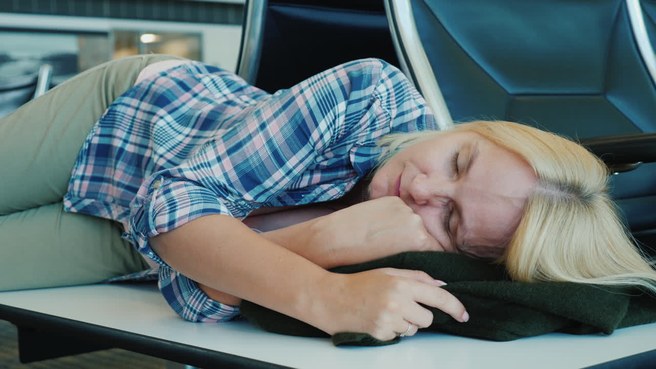 비행기에서 긴 환승을 기다리는 공항 터미널 건물의 벤치에서 한 여성이 잠을 잔다