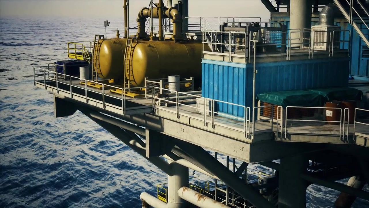 Offshore olieplatform med gule lagertanke og blå containere.
