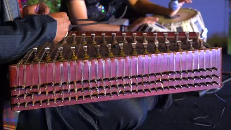 playing song in a dulcimer musical instrument closeup view