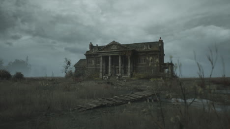 abandoned mansion standing alone in desolate landscape under overcast sky