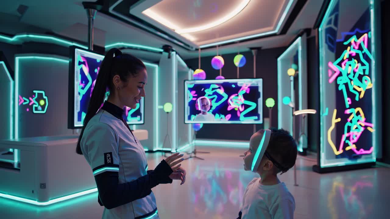Woman and Child Interact with Futuristic Technology