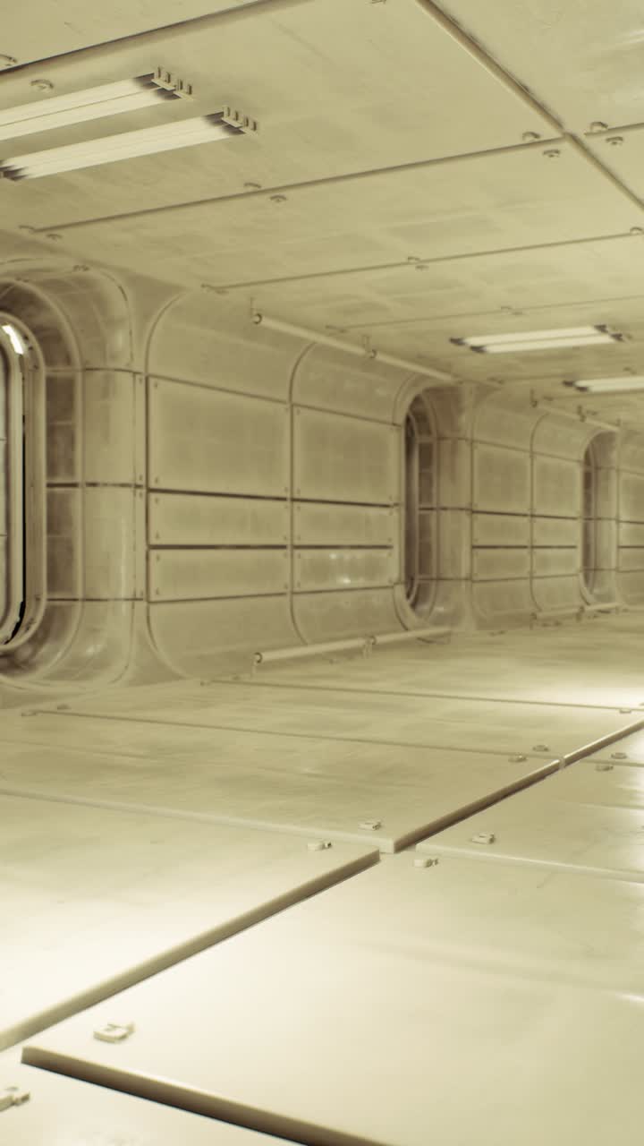Lone metallic spaceship passage illuminated with soft lights and metallic panels