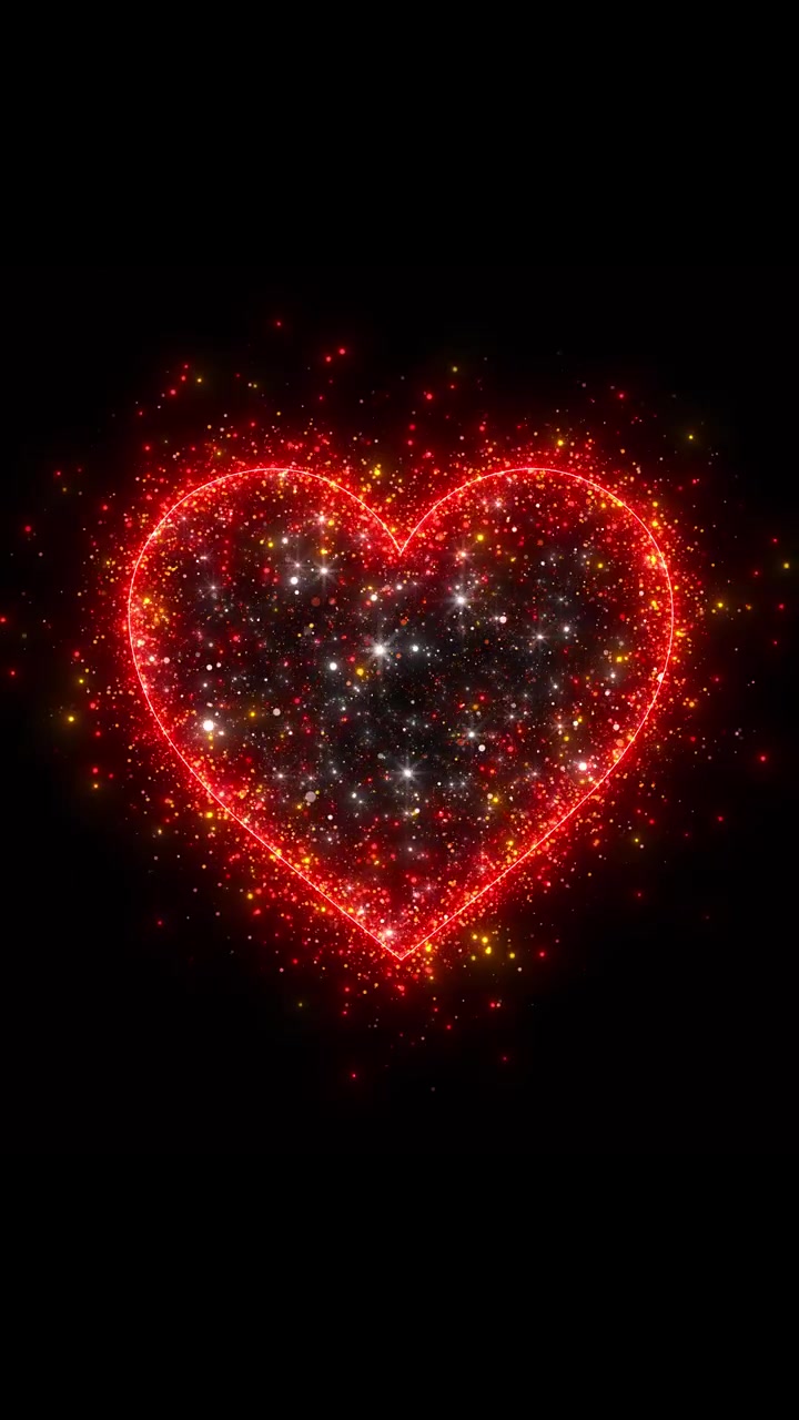 Sfondo luminoso con glitter a cuore romantico, con una forma rossa brillante, particelle dorate e scintille bianche