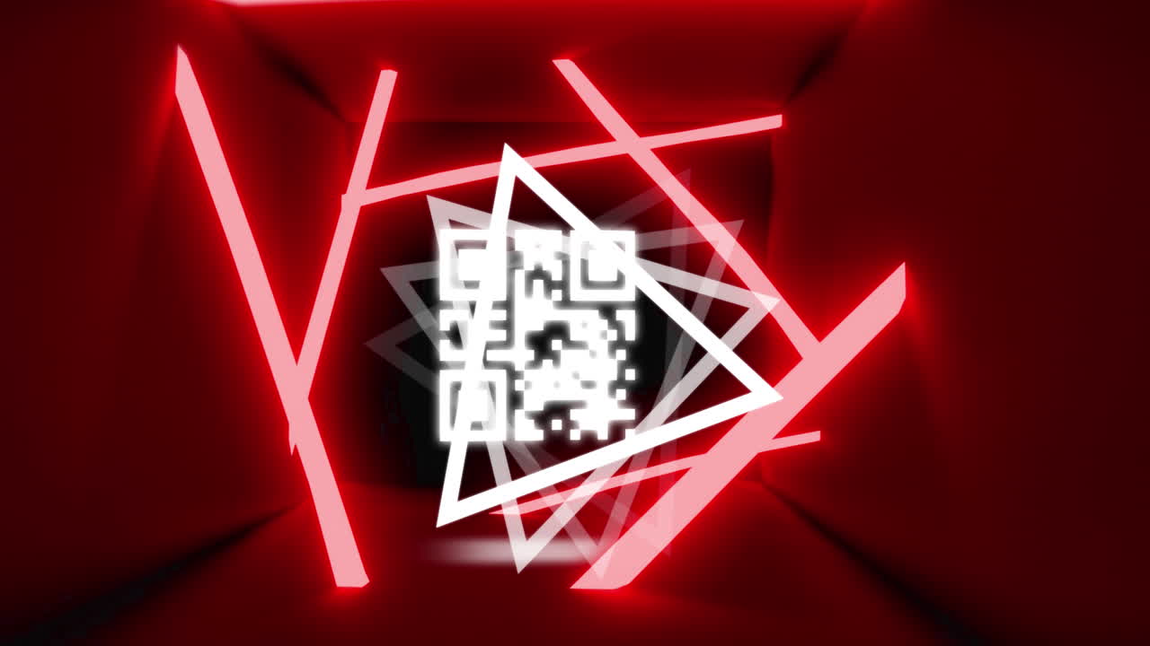 animación de un código qr brillante sobre formas geométricas de neón